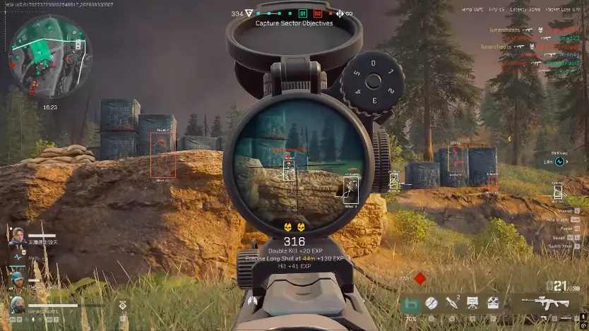 Delta Force Hacks aimbot — scoped shot with ESP boxes on enemies in a match