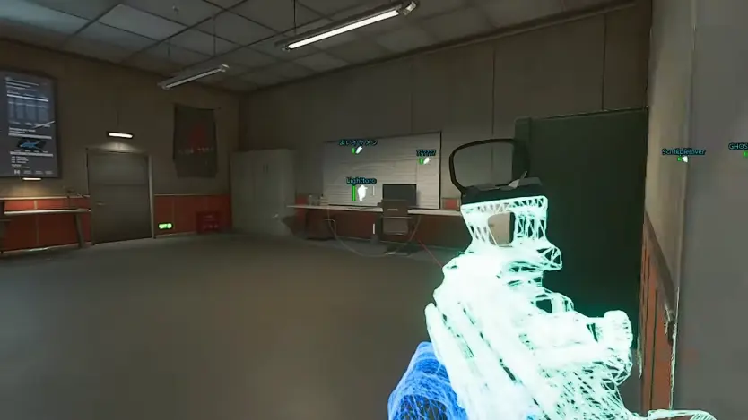 Delta Force Hacks chams — wireframe weapon and player ESP labels through walls